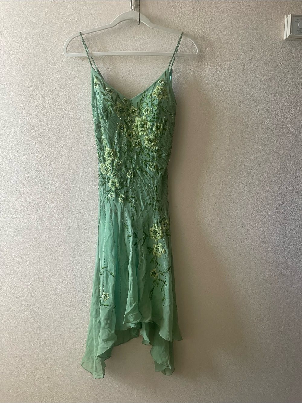 Rare VTG 100% Silk Sue Wong Fairy floral beaded Lime Green Dress w/ Silk Scarf - Picture 2 of 16